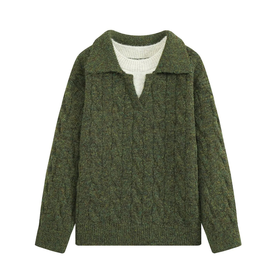 Damen Grobgestrickter Oversize-Pullover mit Polokragen und Zopfmuster Drune