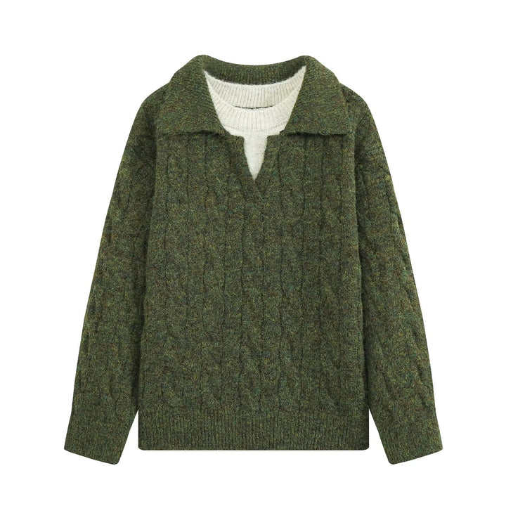 Damen Grobgestrickter Oversize-Pullover mit Polokragen und Zopfmuster Drune