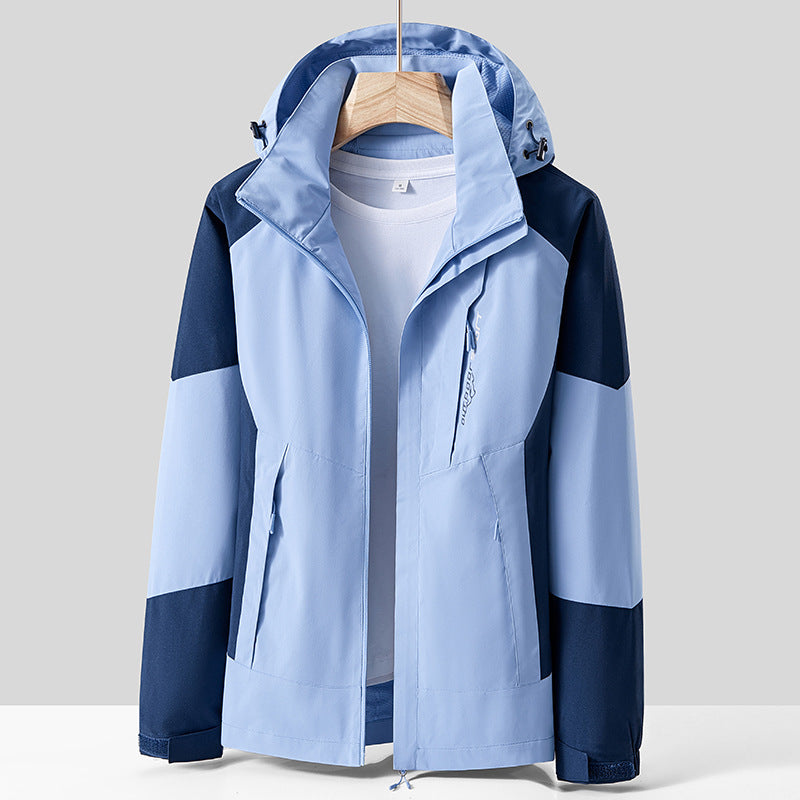 Unisex Atmungsaktive Softshell-Outdoorjacke im Colorblock-Design mit regulierbarer Kapuze und verdecktem Zweiwege-Reißverschluss Drune
