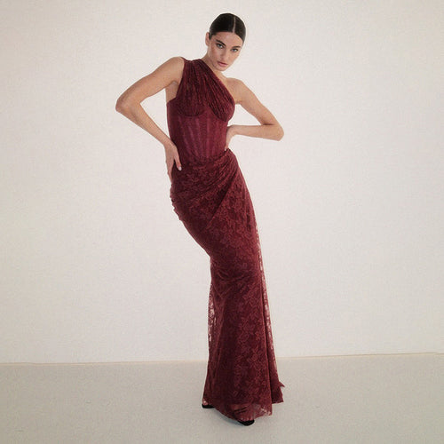 Damen elegantes Abendkleid mit asymmetrischem One-Shoulder-Design und floralem Spitzenbesatz Drune