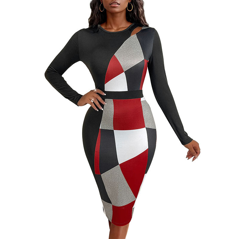 Damen Figurbetontes Midikleid mit grafischem Colorblock-Muster, Cut-Out-Schulter und taillierter Silhouette Drune