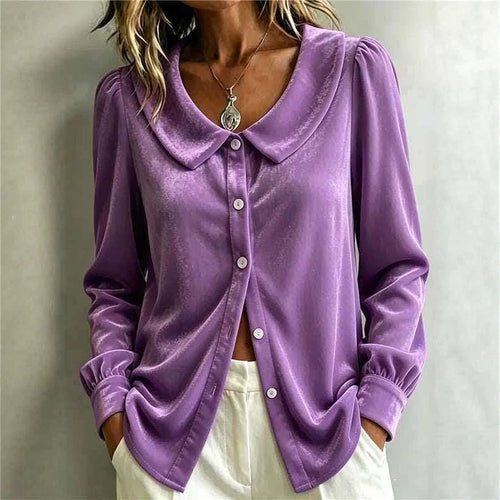 Damen Samt‑Hemdbluse mit Peter‑Pan‑Kragen und Perlmuttknopfleiste Drune