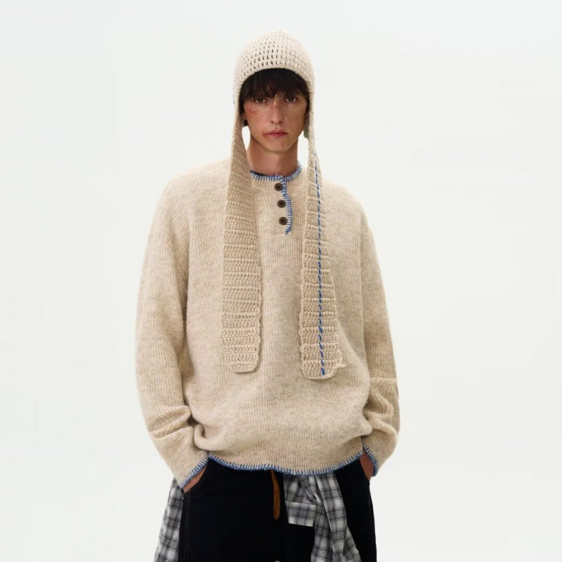 Herren Grobstrick-Henley-Pullover mit Bouclé-Optik und kontrastierten Bündchen Drune