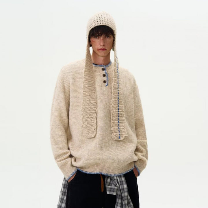 Herren Grobstrick-Henley-Pullover mit Bouclé-Optik und kontrastierten Bündchen Drune