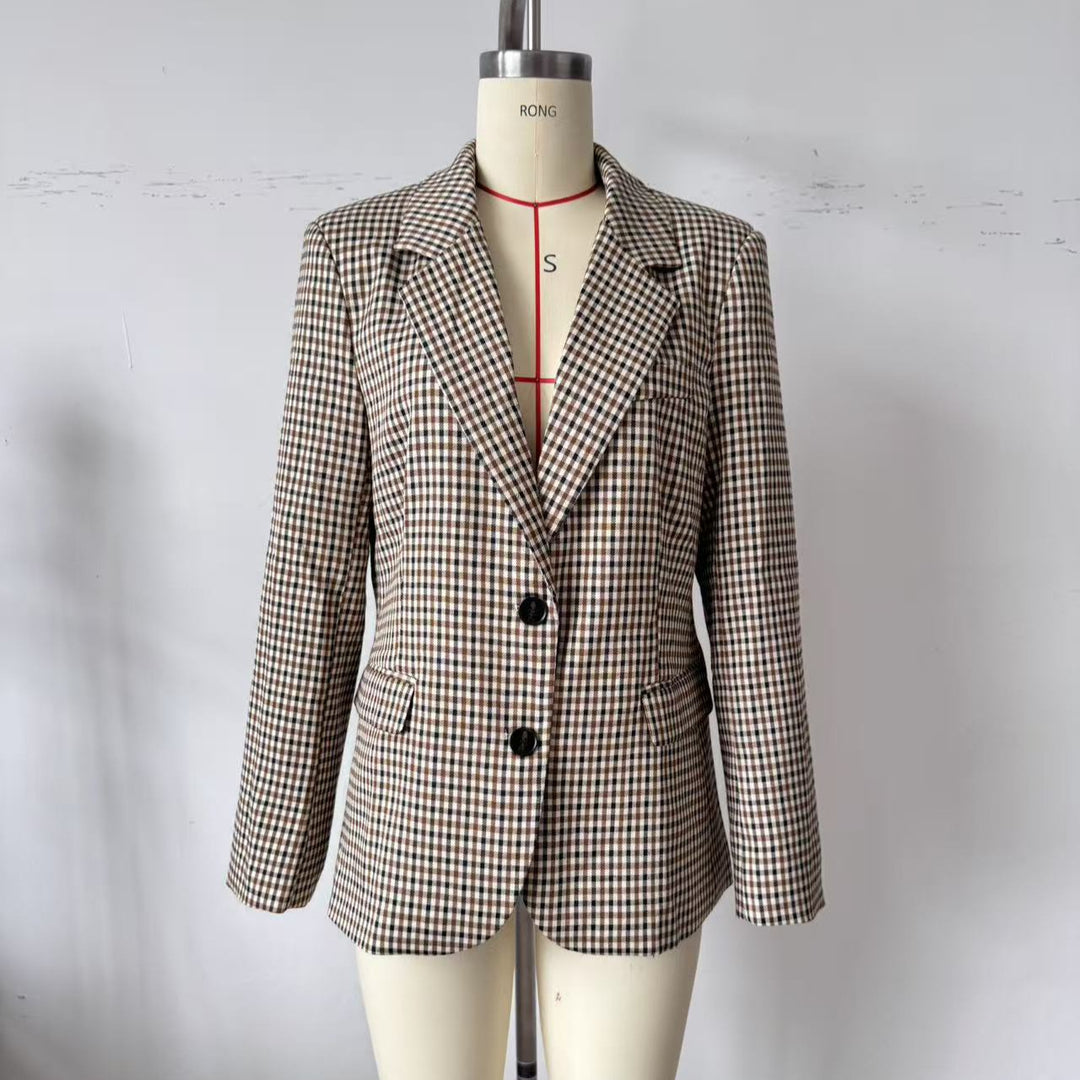 Damen Karo-Sakko im modernen Tailoring mit Reverskragen, zwei-Knopf-Verschluss und gefütterten Pattentaschen Drune