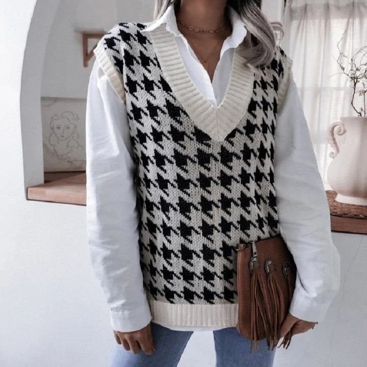 Damen Oversize Strickweste mit Hahnentritt-Muster und V-Ausschnitt Drune