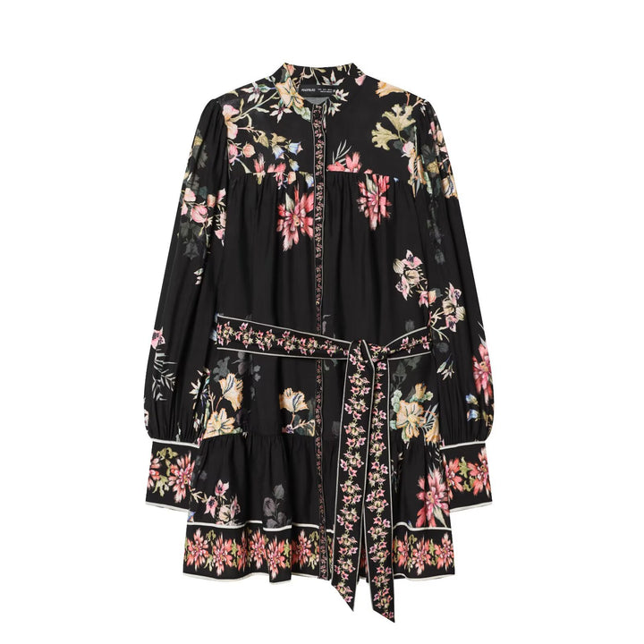 Damen Boho-Stufenkleid mit Stehkragen, Taillengürtel und Ballonärmeln Drune
