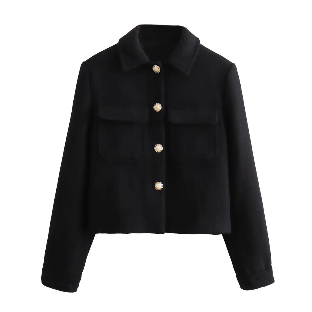 Damen nan kurze Wolloptik-Boxyjacke mit aufgesetzten Pattentaschen und klassischem Kragen Drune
