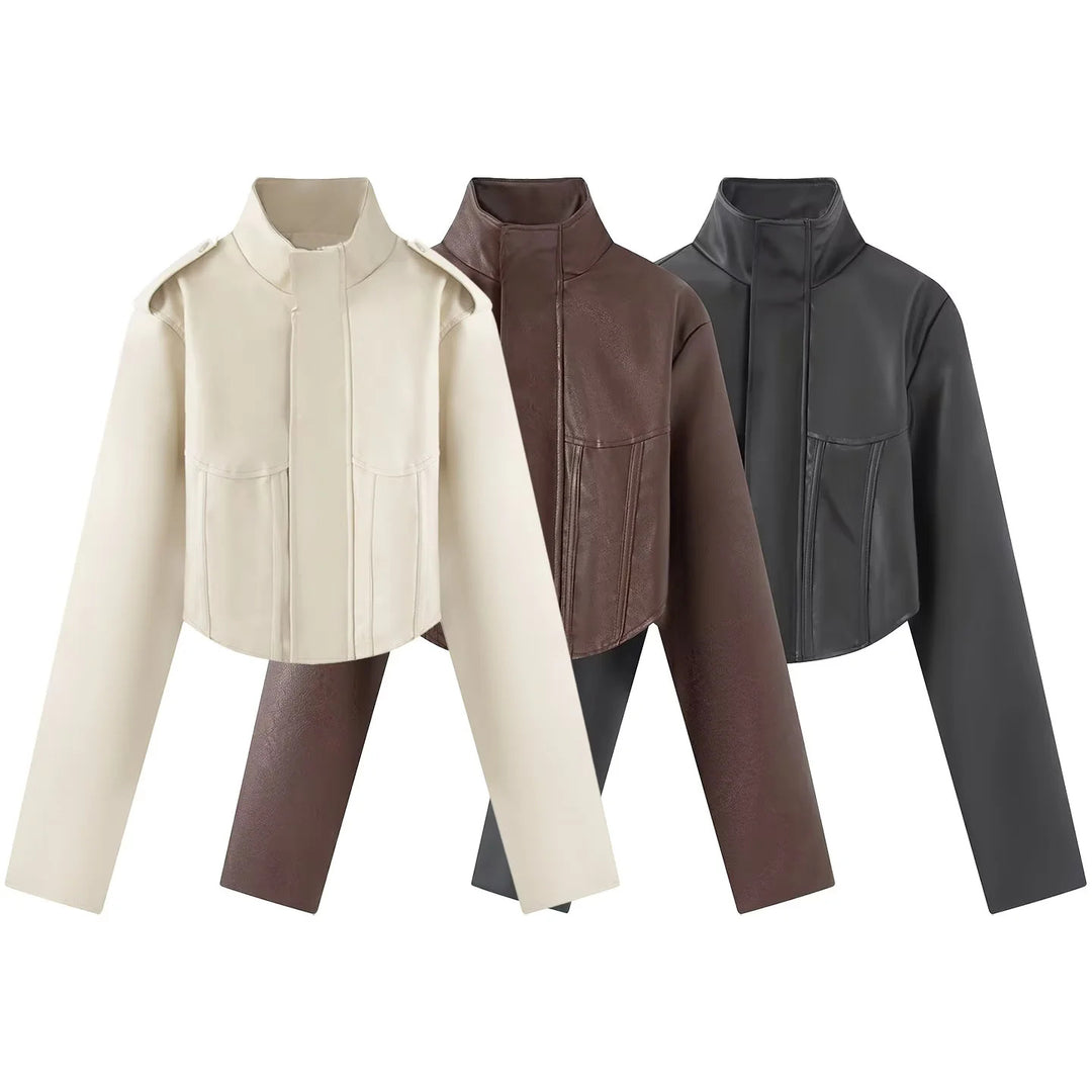 Damen nan kurzes Sculpted Korsettjacke mit Stehkragen, Epaulette‑Detail und verdeckter Druckknopfleiste Drune
