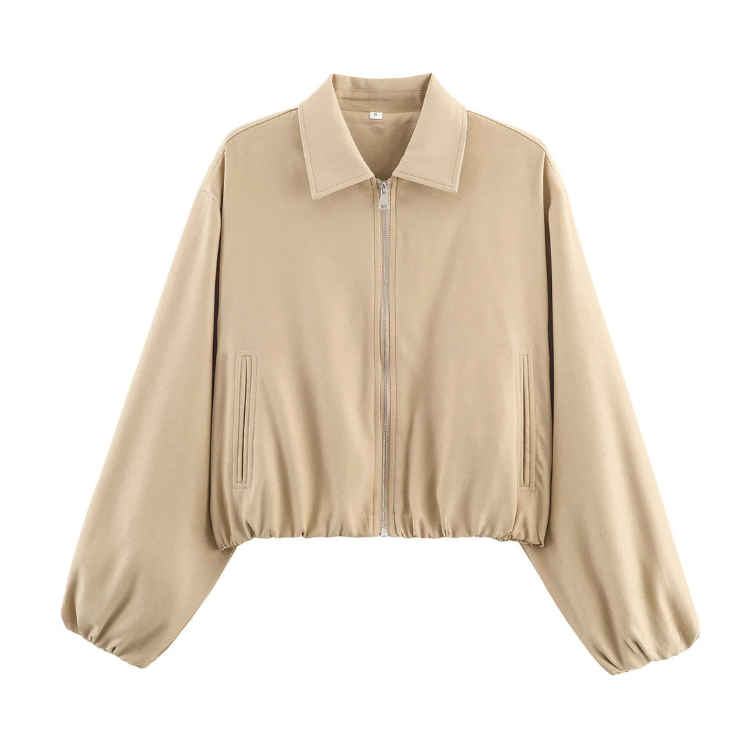Damen nan Cropped Bomberjacke mit durchgehendem Reißverschluss, weitem Ballonärmeln und elastischem Saum Drune
