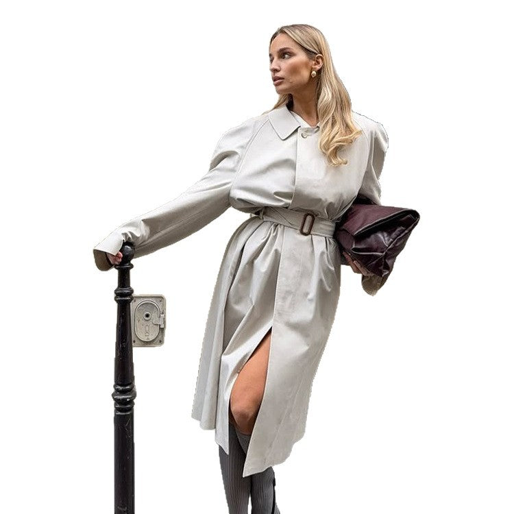 Damen Midilanger Trenchcoat im Cocoon‑Cut mit Bindegürtel und Raglanärmeln Drune