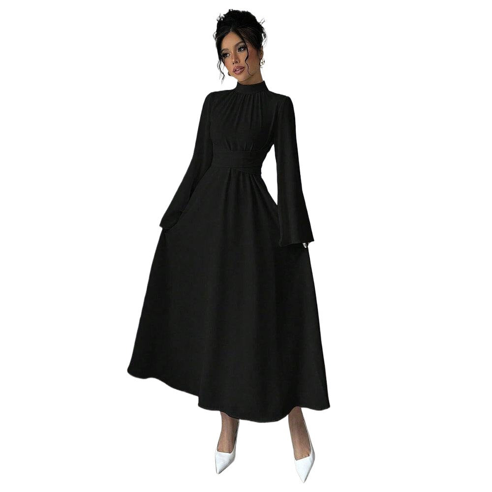 Damen elegantes Maxikleid mit Stehkragen, geraffter Taillenpartie und ausgestelltem A‑Linien‑Rock Drune
