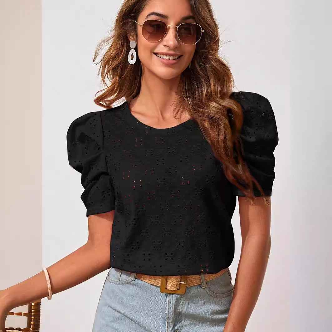 Damen Chic Kurzarmbluse mit Puffärmeln und Lochmuster Drune