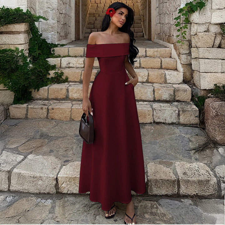 Damen Off-Shoulder Maxikleid mit Taschen und eleganter Silhouette Drune