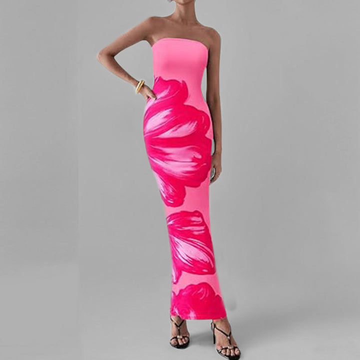 Anmutiges Blumenmuster Schulterfreies Figurbetontes Kleid Drune