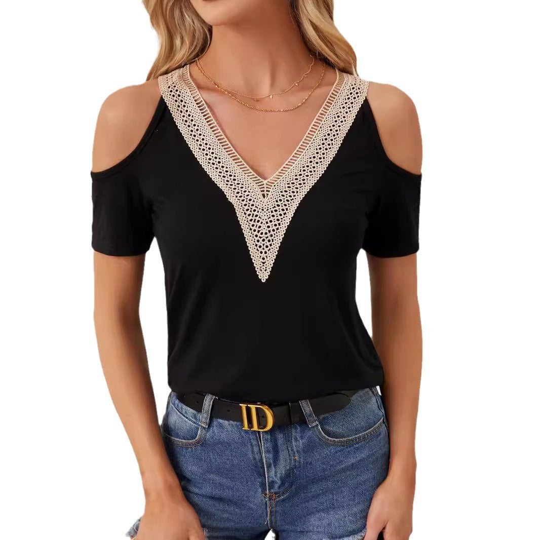 Damen nan leichtes Jerseyshirt mit offenen Schultern, tiefem V-Ausschnitt und gehäkeltem V‑Einsatz Drune