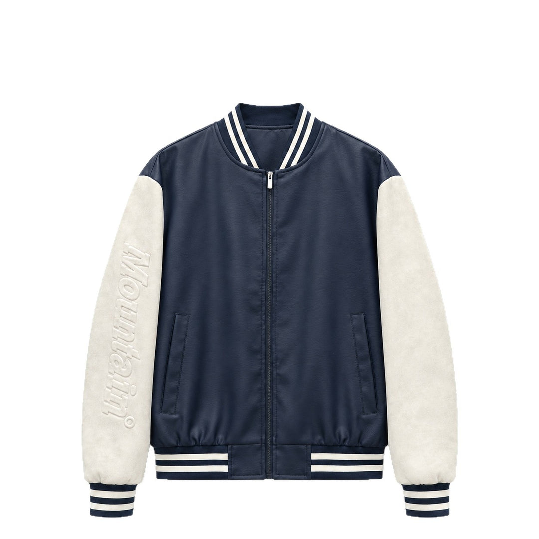 Herren Varsity‑Bomberjacke im College‑Stil mit Lederimitatkörper und kontrastierenden Wildlederärmeln Drune