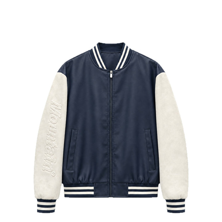 Herren Varsity‑Bomberjacke im College‑Stil mit Lederimitatkörper und kontrastierenden Wildlederärmeln Drune