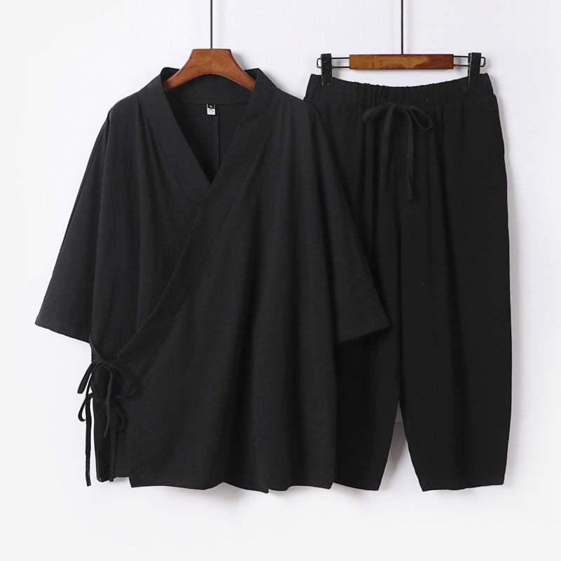 Herren Kimono-Loungewear-Set mit Wickeloberteil, Kordelbundhose und lockerer Passform Drune