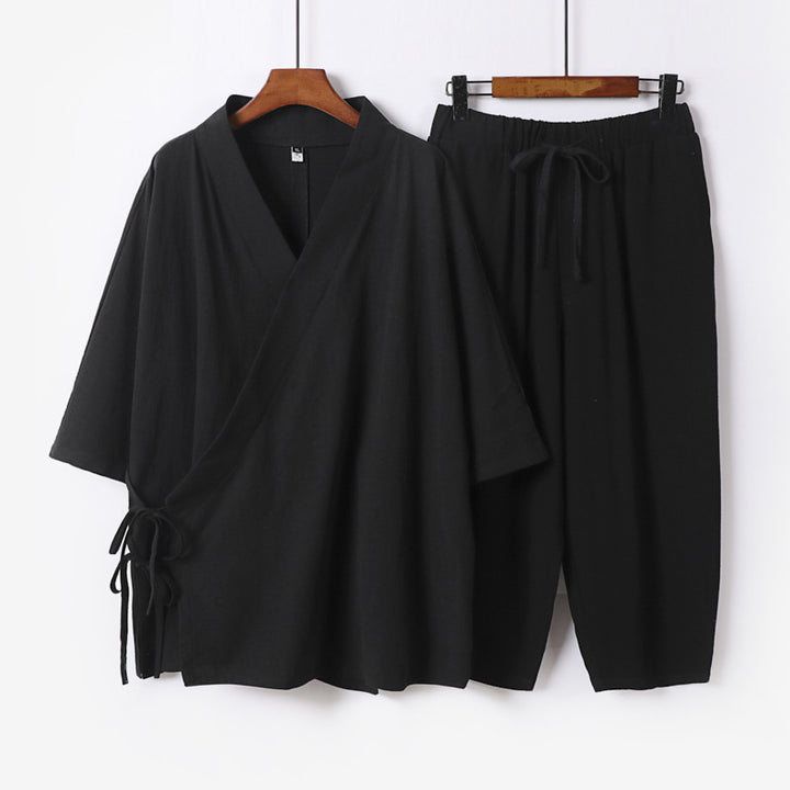 Herren Kimono-Loungewear-Set mit Wickeloberteil, Kordelbundhose und lockerer Passform Drune