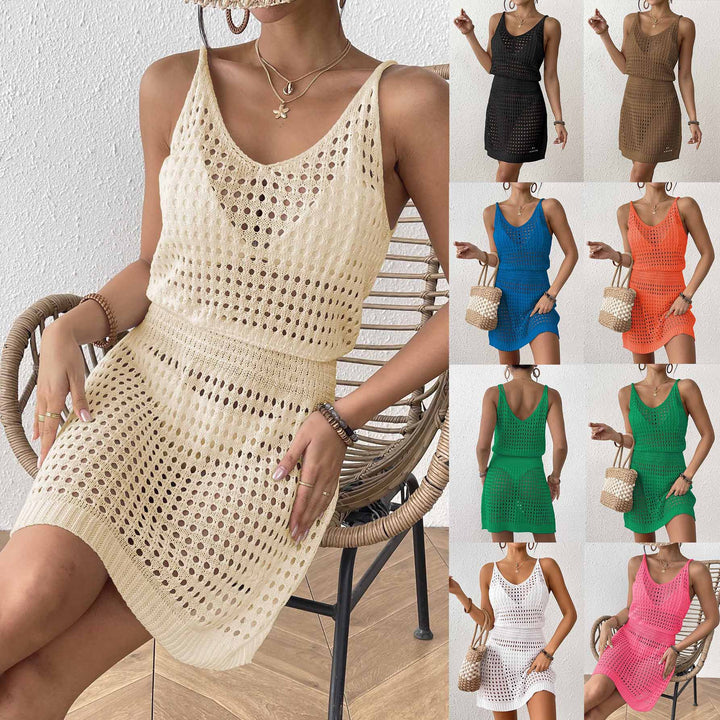Damen Häkel-Strandkleid mit netzartigem Lochmuster und verstellbarem Schnitt Drune