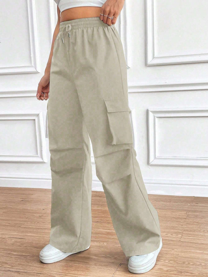 Damen Weite High‑Waist Cargo‑Hose mit Elastikbund und großen Klappentaschen Drune
