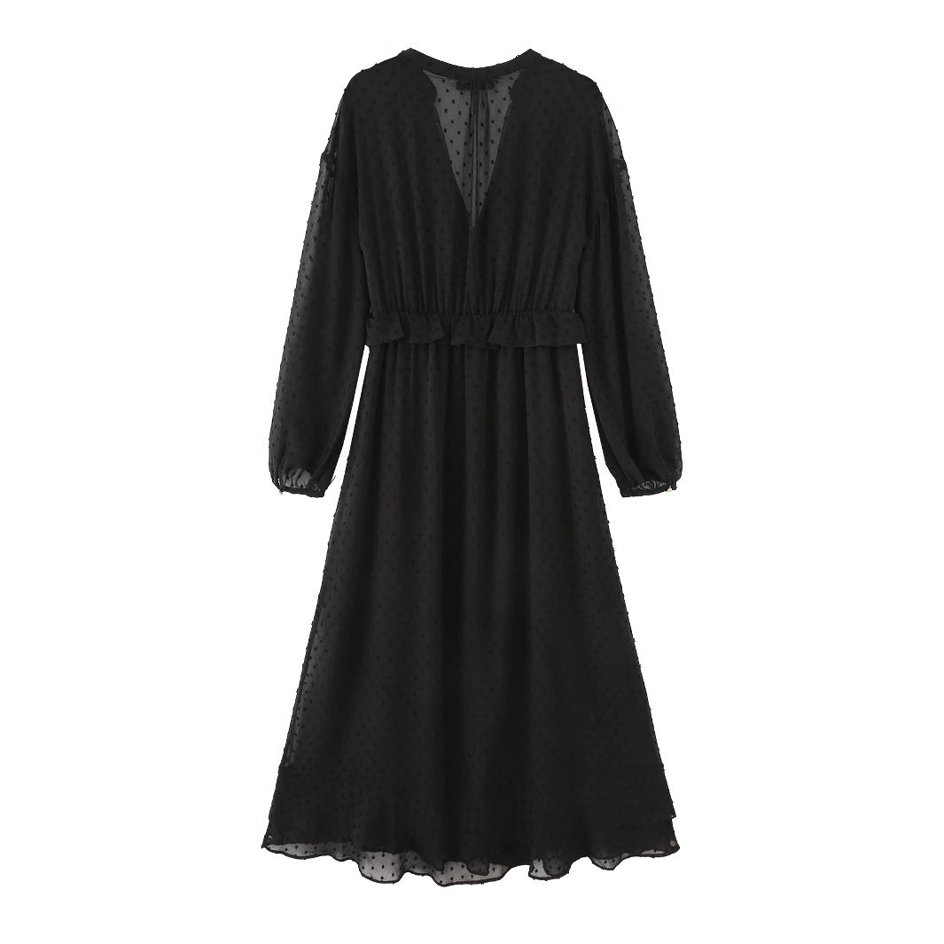 Damen nan luftiges Chiffon Midikleid mit V-Ausschnitt und Volantbund Drune