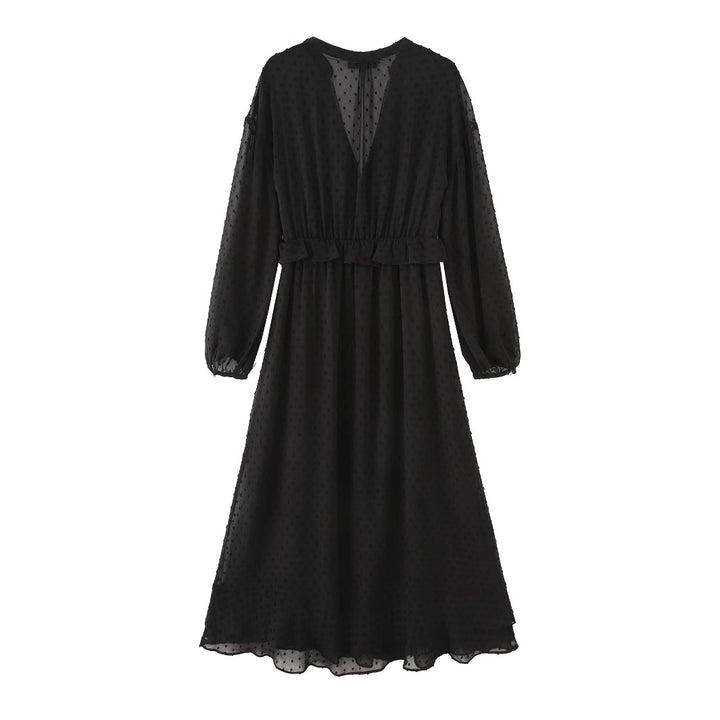 Damen nan luftiges Chiffon Midikleid mit V-Ausschnitt und Volantbund Drune