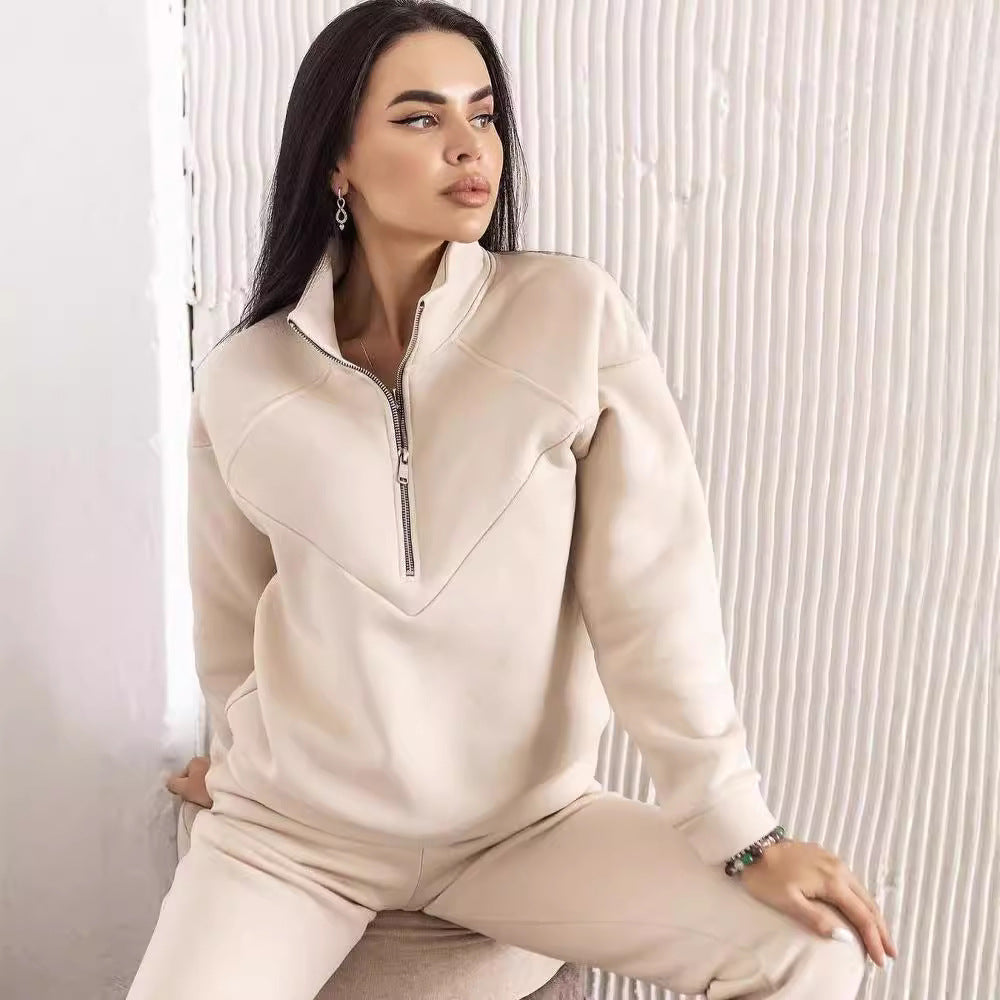 Damen Zweiteiliges Sweat-Loungewear-Set mit Troyer-Reißverschluss und elastischer Jogginghose Drune