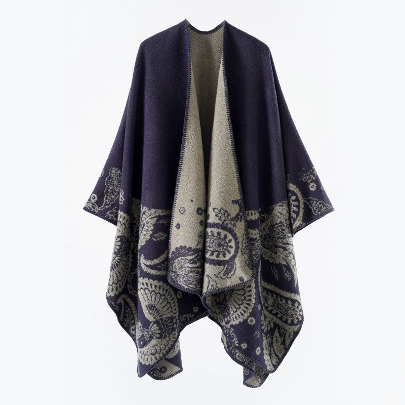 Damen Reversibler Jacquard-Capeponcho aus Wollmix mit Paisley-Motiv und offenem Fall Drune