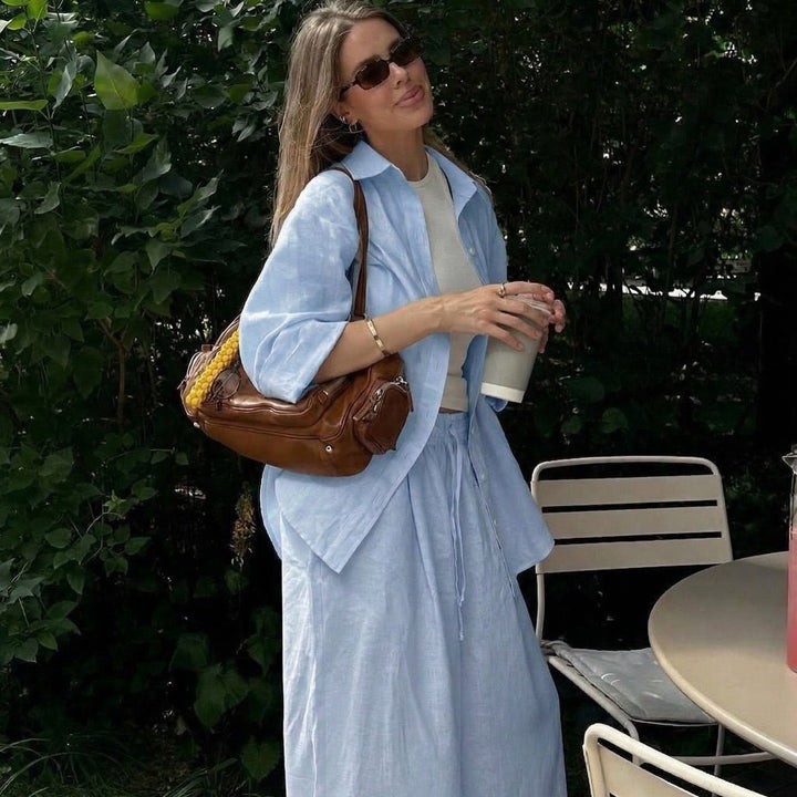 Damen nan luftiges Leinen-Loungeset mit Oversize-Hemd und weiter Bundhose mit Gummizug Drune