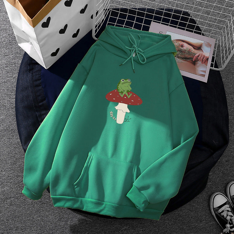 Damen nan oversized Kapuzenpullover mit Kängurutasche und Frosch‑Pilz-Print Drune