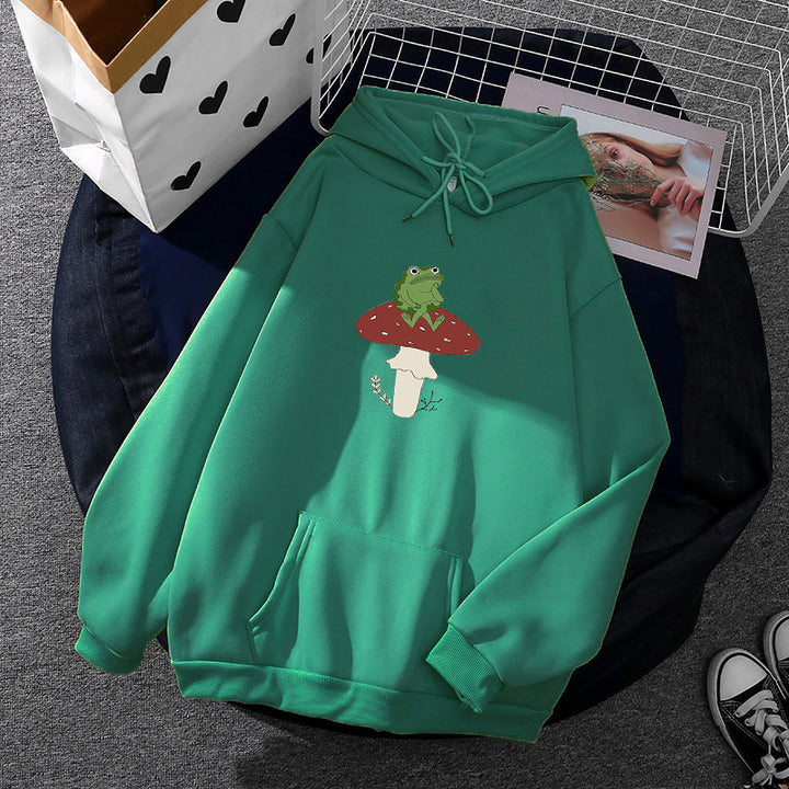Damen nan oversized Kapuzenpullover mit Kängurutasche und Frosch‑Pilz-Print Drune
