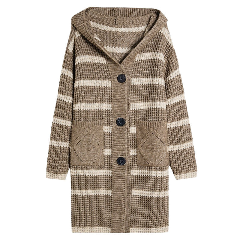 Damen lange Strickjacke mit Kapuze und gestreiftem Muster Drune