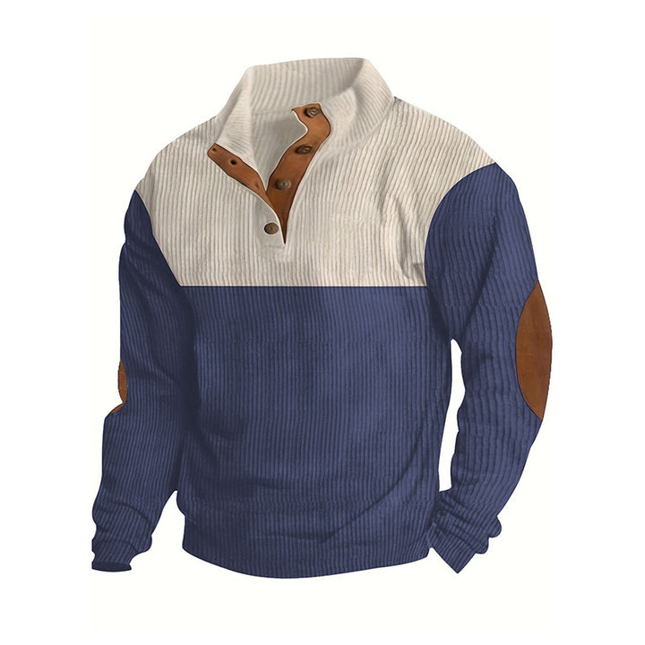Herren Strukturierter Halbknopf-Pullover mit Stehkragen, Rippenstruktur und Ellenbogen-Patches Drune