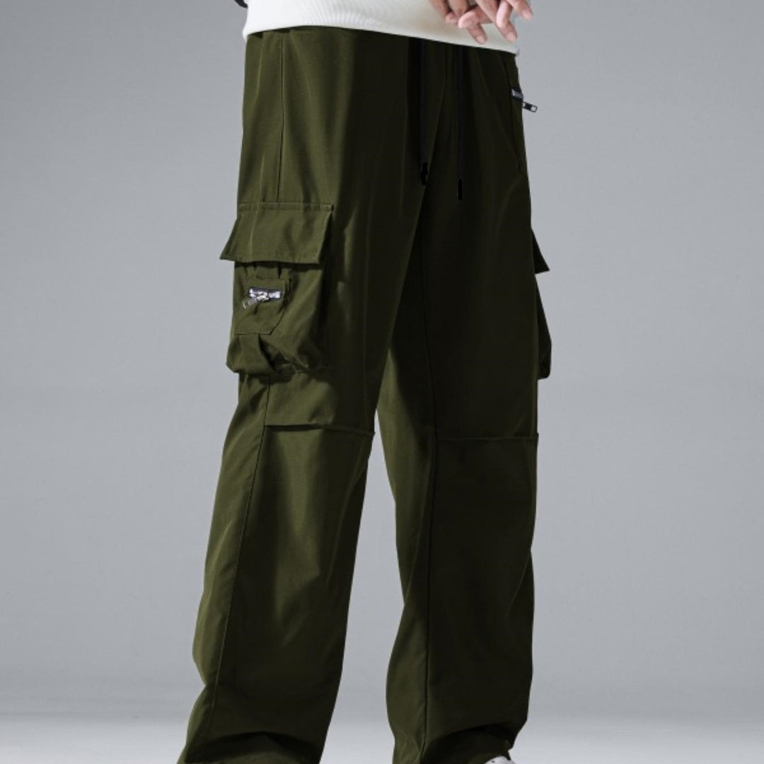 Herren Baggy‑Utility‑Cargohose mit Mehrfachtaschen, verstärkten Knieeinsätzen & Kordelbund Drune