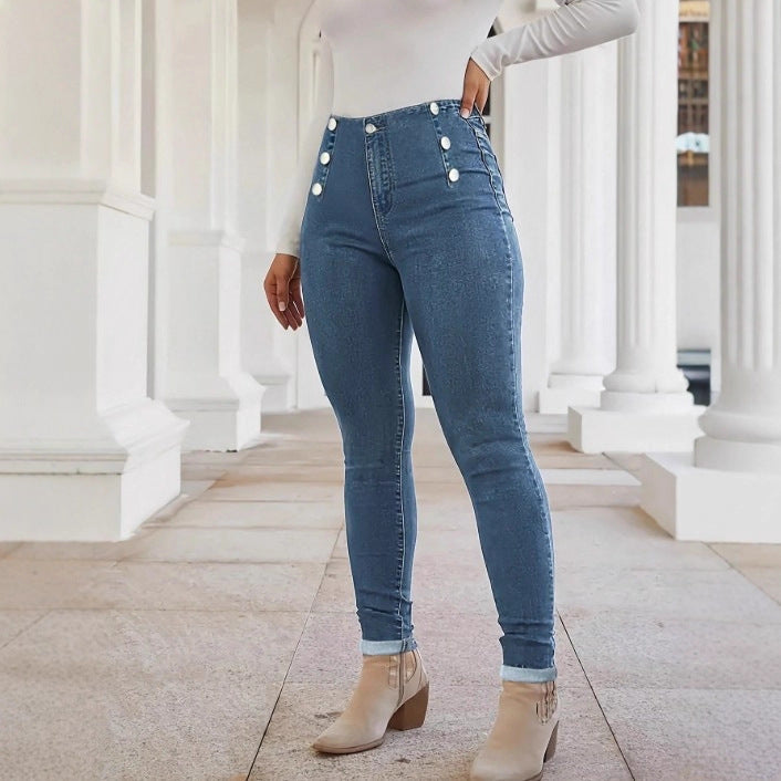 Damen Hochtaillierte, figurformende Skinny-Jeans mit doppelter Zierknopfleiste Drune