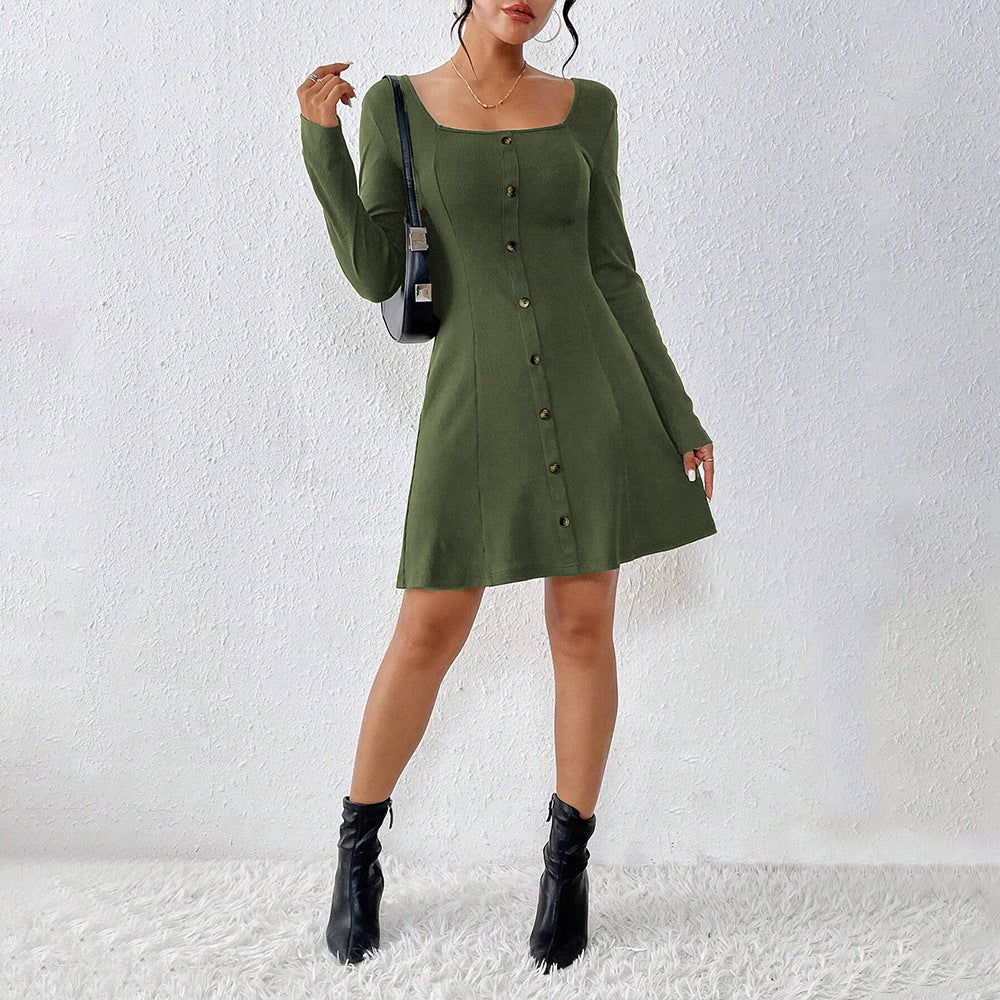 Damen ausgestelltes Strick‑Korsagenkleid mit durchgehender Knopfleiste, Square‑Neck und figurformenden Teilungsnähten Drune