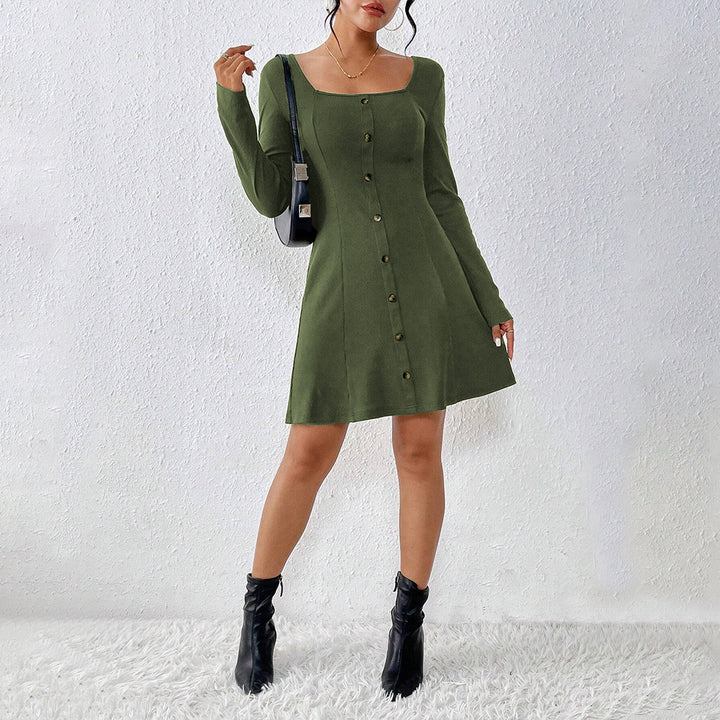 Damen ausgestelltes Strick‑Korsagenkleid mit durchgehender Knopfleiste, Square‑Neck und figurformenden Teilungsnähten Drune