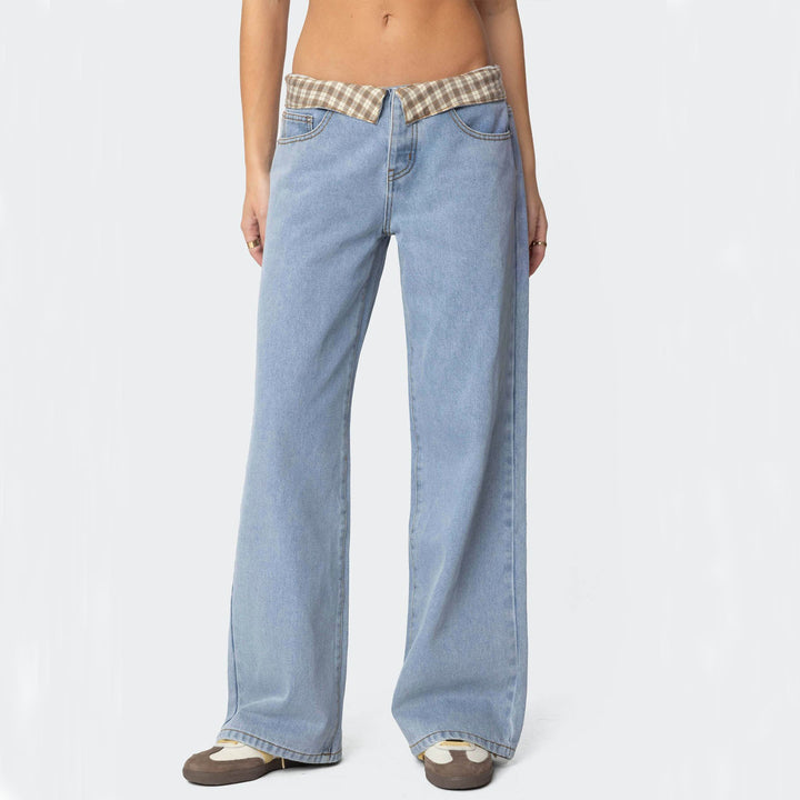 Damen nan weite Schlagjeans mit umgeschlagenem Karobund und klassischem Five-Pocket-Schnitt Drune