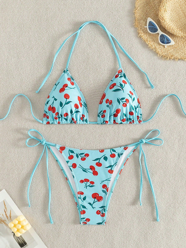 Damen Triangel-Bikini mit frischem Kirschmotiv und verstellbaren Bindebändern Drune