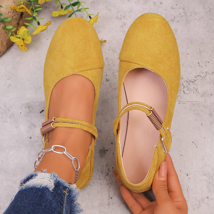 Damen nan flache Mary-Jane Ballerinas aus Veloursimitat mit elastischem Zierband und gepolsterter Komfortinnensohle Drune