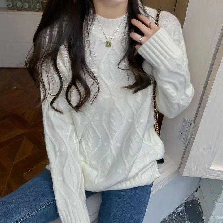Damen gemütlicher Grobstrickpullover mit Zopfmuster und hohen Bündchen Drune