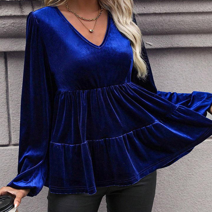 Damen samtiges Volant‑Peplum‑Top mit V‑Ausschnitt, geraffter Taille und langen Ballonärmeln Drune