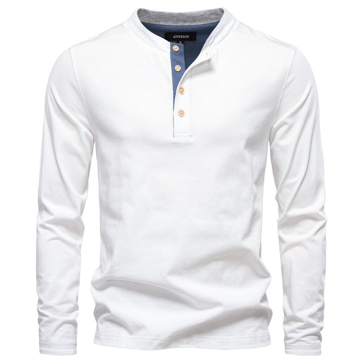 Herren nan legeres Baumwoll-Langarmshirt mit kurzer Knopfleiste und Stehkragen Drune