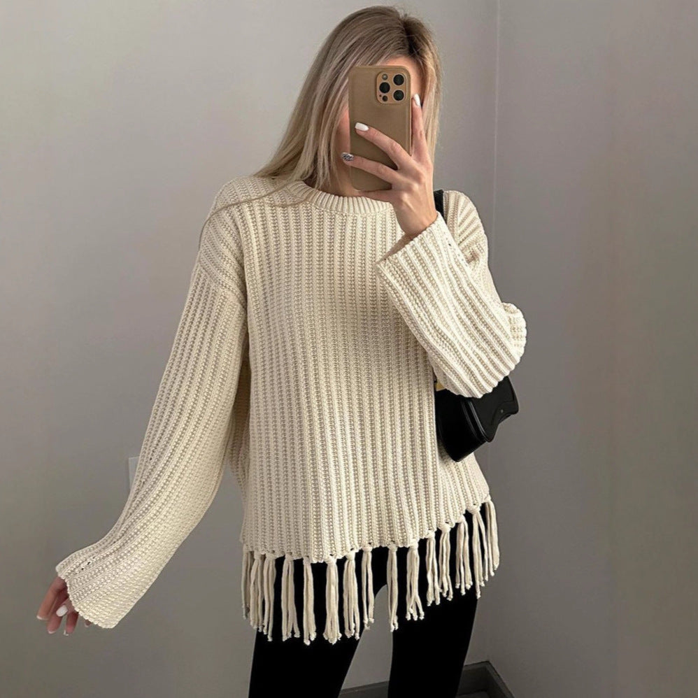 Damen lässiger Rippstrick-Pullover mit Fransen-Saum und Oversize-Silhouette Drune