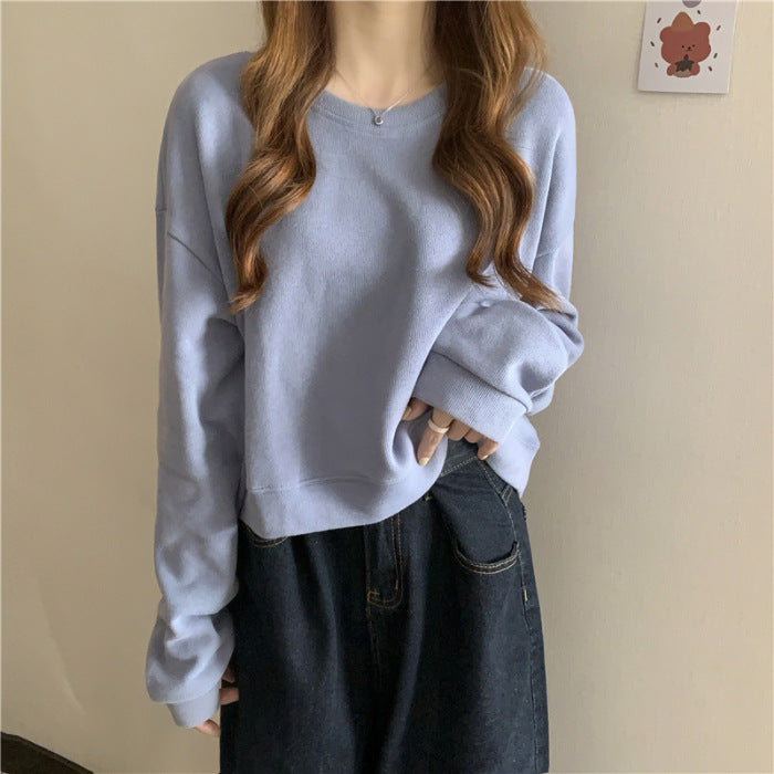 Damen lässiger cropped Pullover aus weichem Baumwollmix mit modischem Rundhalsausschnitt Drune