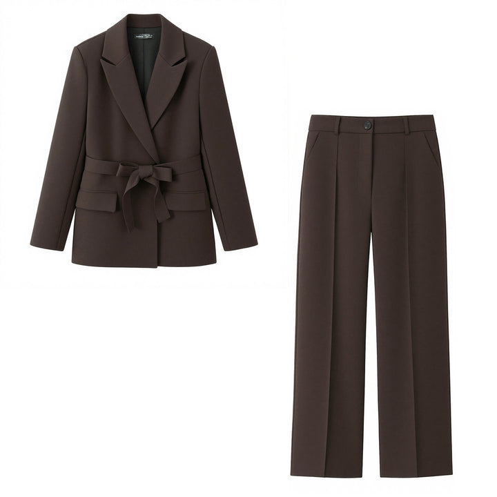 Damen nan tailliertes Blazer-und-Bundfaltenhose Zweiteiler mit Schalkragen und Bindegürtel Drune