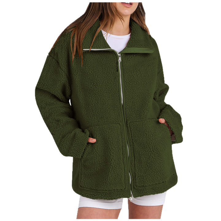 Damen nan oversized Teddyfelljacke mit Stehkragen Reißverschluss und aufgesetzten Taschen Drune
