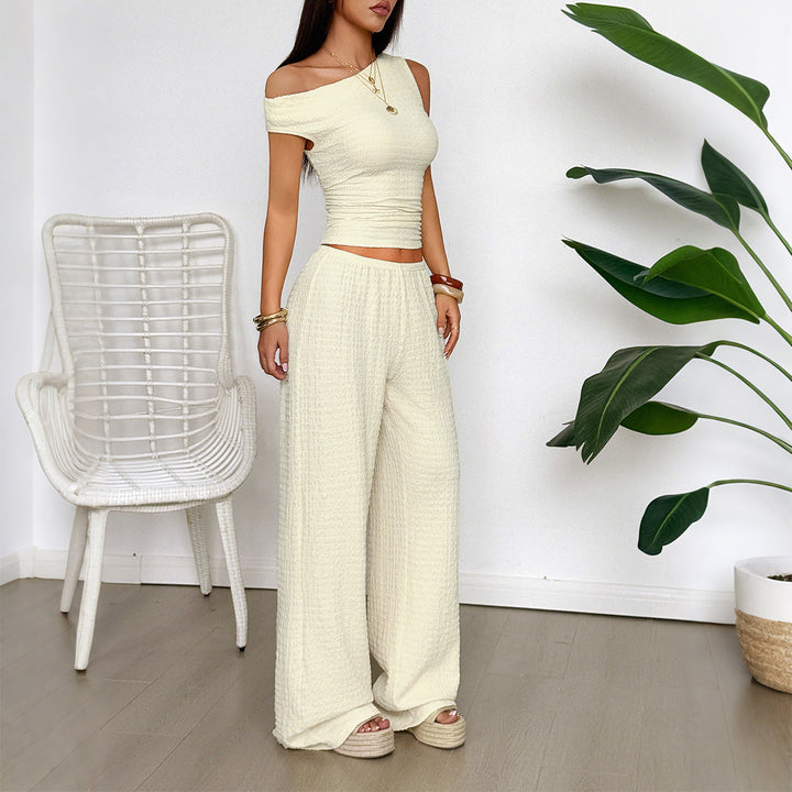 Damen Zweiteiliges Set aus elastischem Rippstoff mit asymmetrischem Top und weitem Hosen Drune